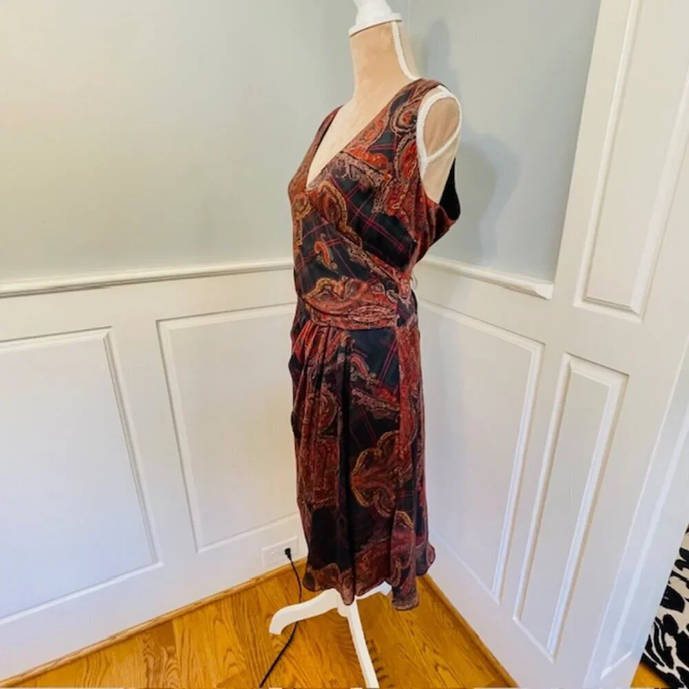 Lauren Ralph Lauren Silk Dress Paisley Plaid Wrap Style Midi Sleeveless 14